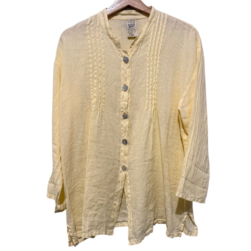 Match Point Top Tunic Pintuck Button Up Women Sz M Yellow 3/4 Sleeve Coastal